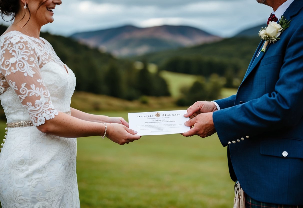A person standing at a traditional Scottish wedding ceremony, holding a marriage certificate and officiating the union between two individuals