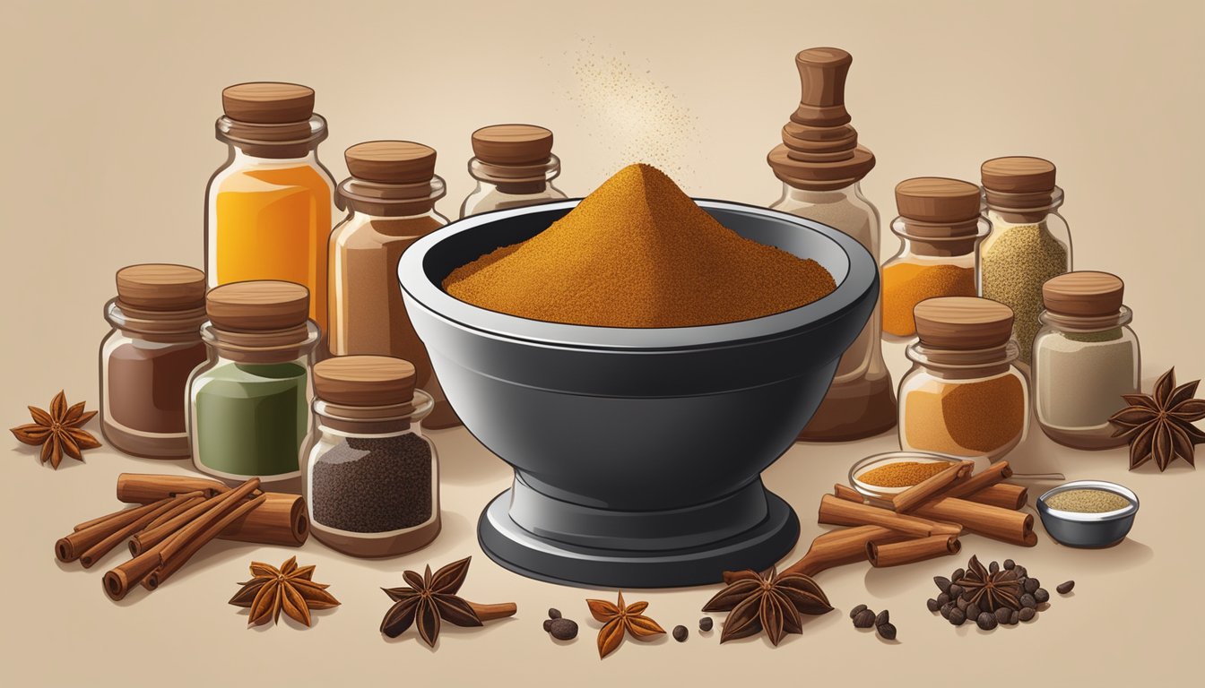 A mortar and pestle crushing whole cloves into a fine powder, surrounded by jars of various specialty spice blends