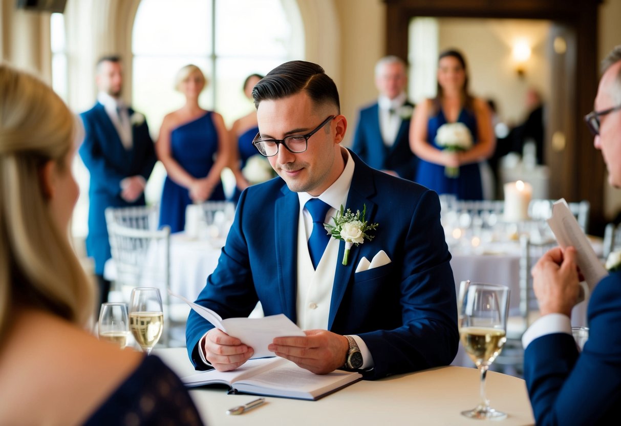 A celebrant studying Scottish marriage laws, with a wedding venue in the background