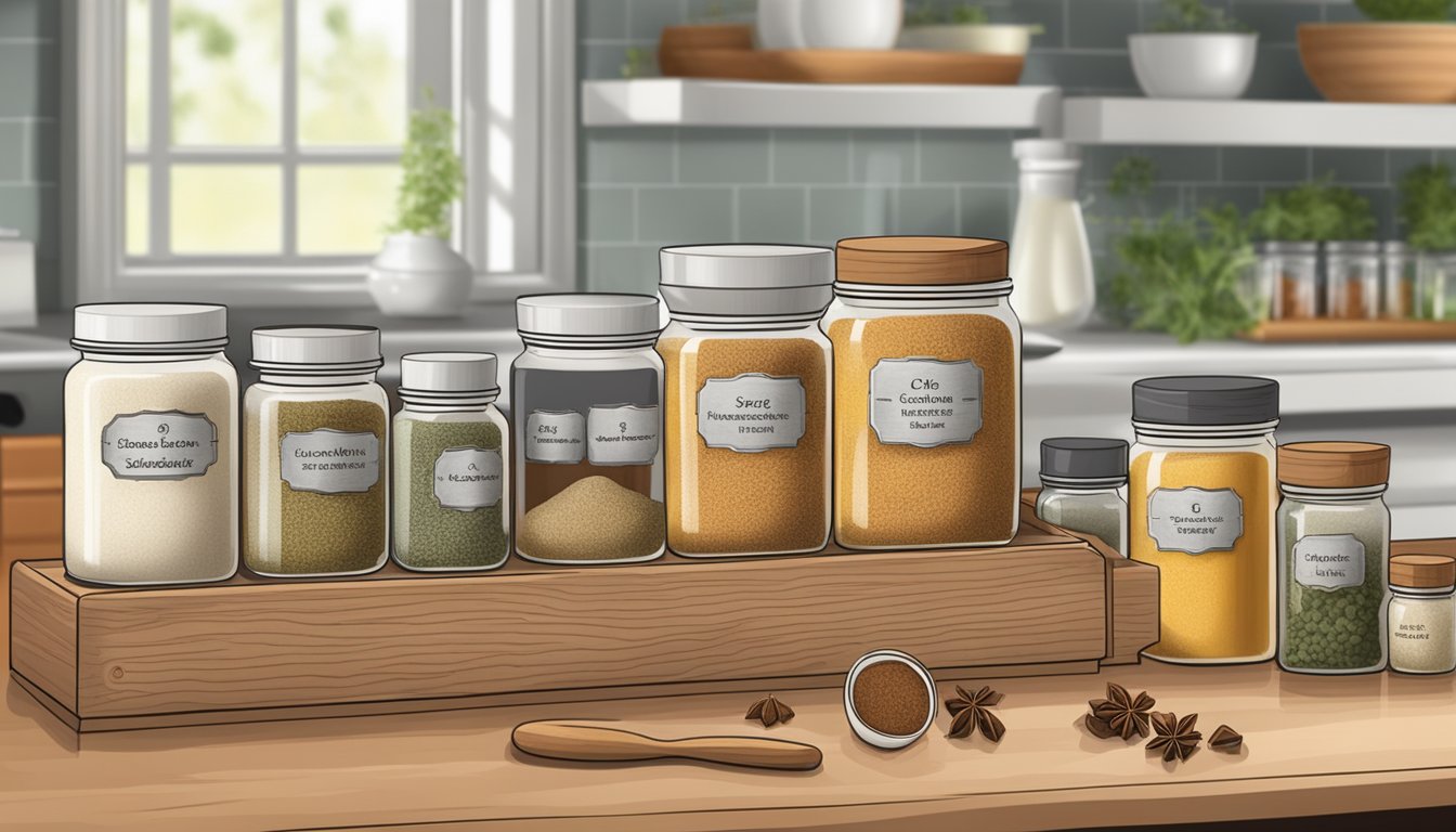 A wooden spice rack with various jars, one labeled "Clove Substitutes," next to a mortar and pestle on a kitchen counter