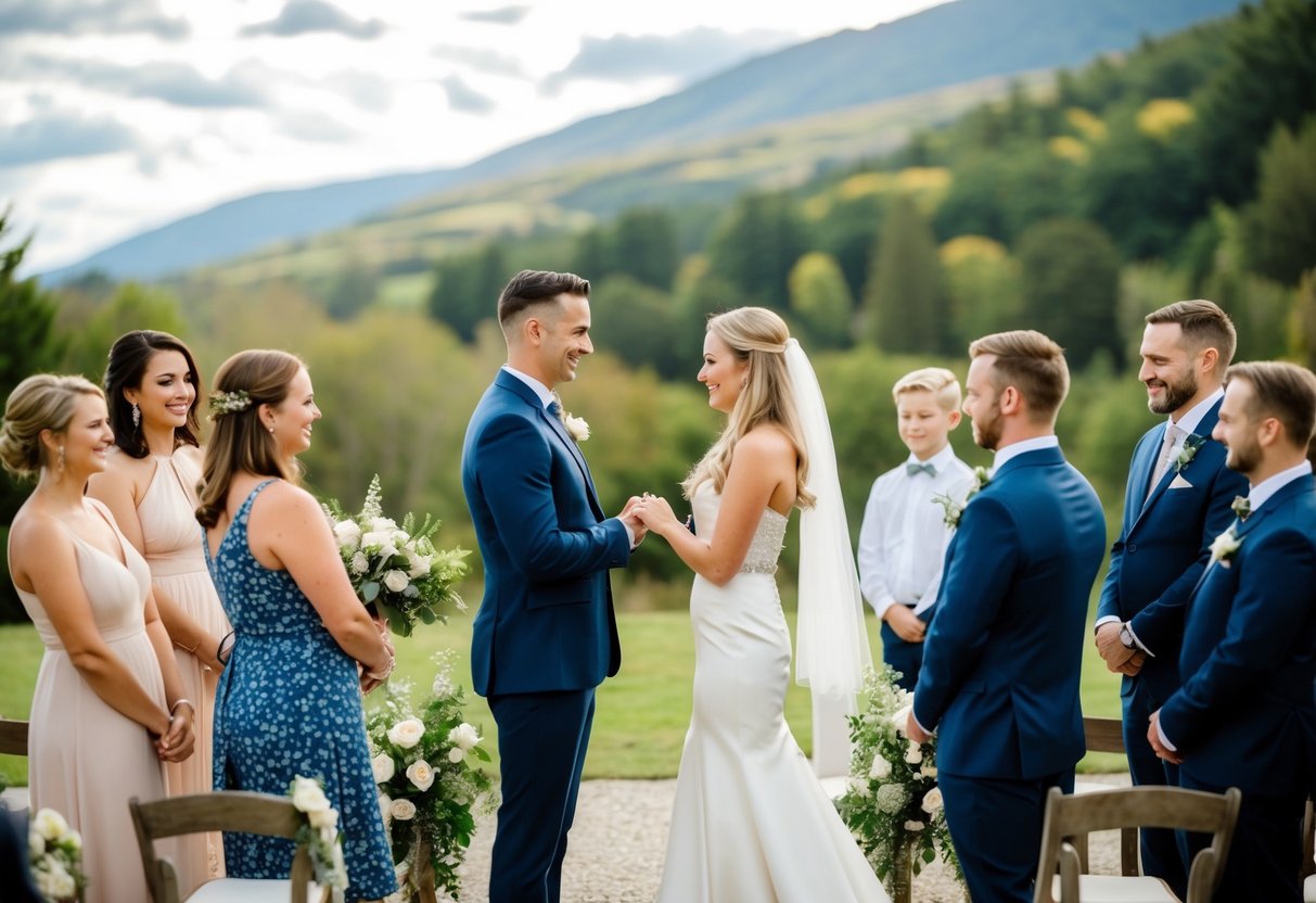 A celebrant stands in front of a couple exchanging vows in a scenic outdoor setting, surrounded by family and friends