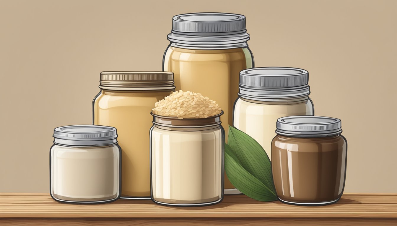 A jar of coconut butter surrounded by alternative spreads like sunflower seed butter, soy butter, and oat butter on a wooden table