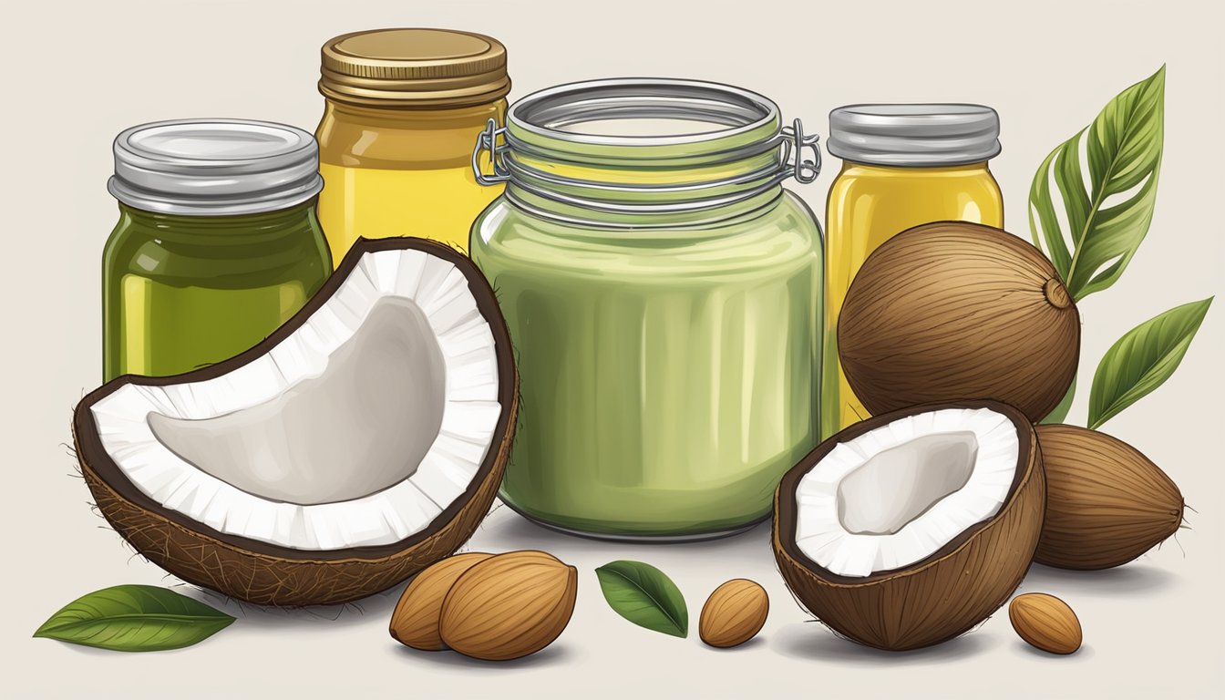 A jar of coconut butter surrounded by various alternative fat options like avocado, olive oil, and nut butter