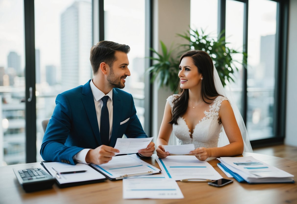 A couple sits at a table with spreadsheets and receipts, discussing wedding expenses and budgeting