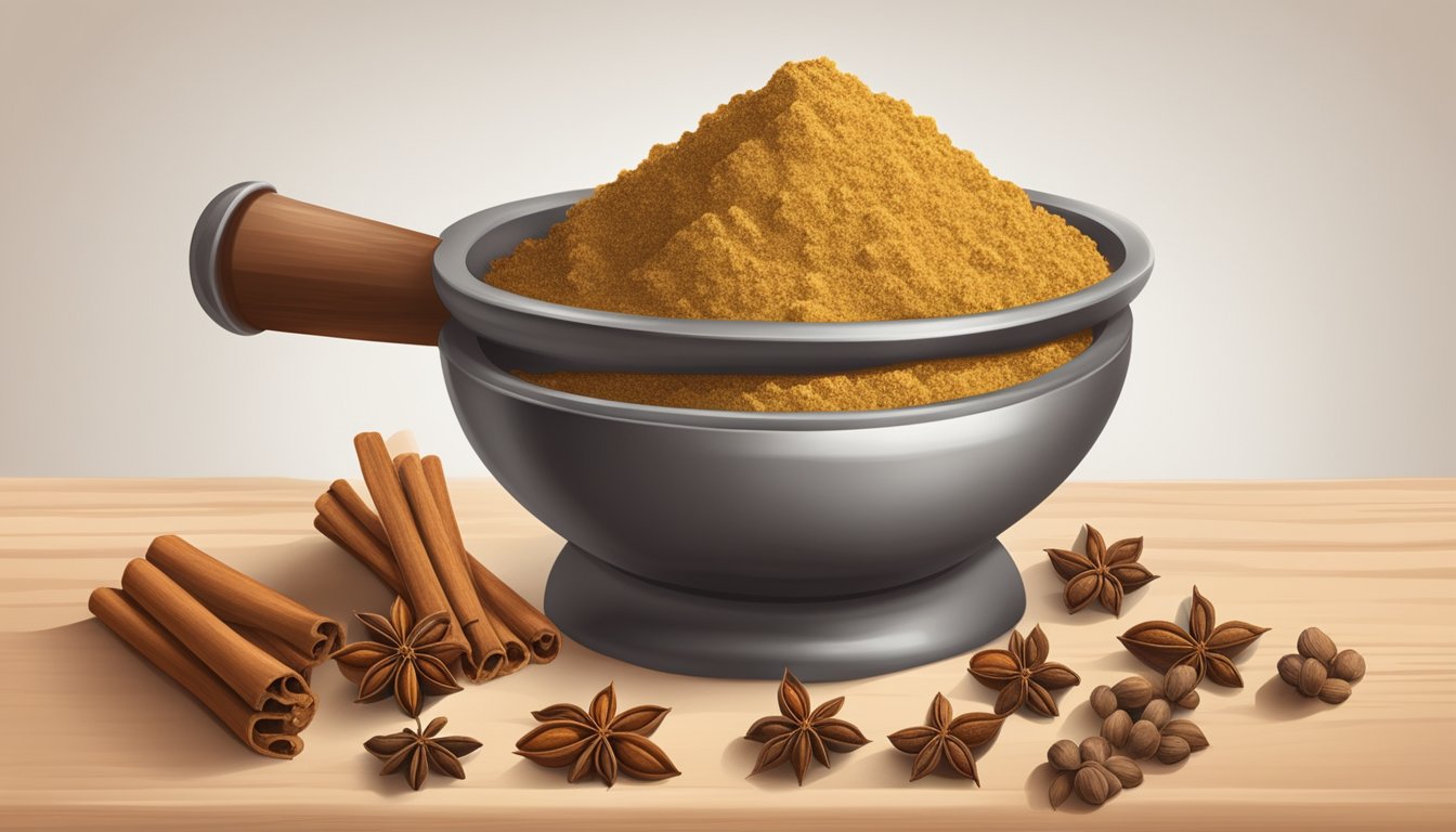 A mortar and pestle crushing cardamom, cinnamon, and nutmeg. Cloves sit nearby, unused