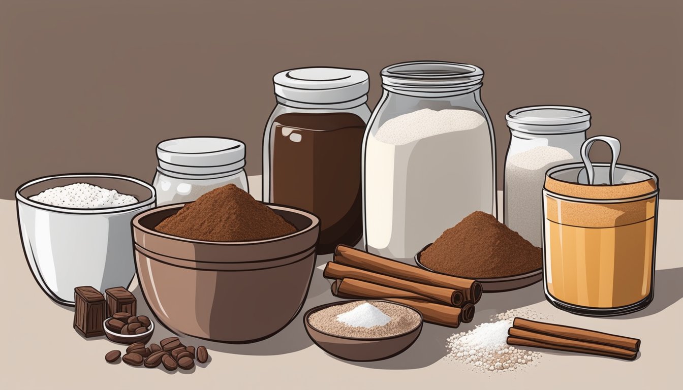 A kitchen counter with various ingredients such as carob powder, ground cinnamon, and powdered sugar laid out for use as cocoa powder substitutes