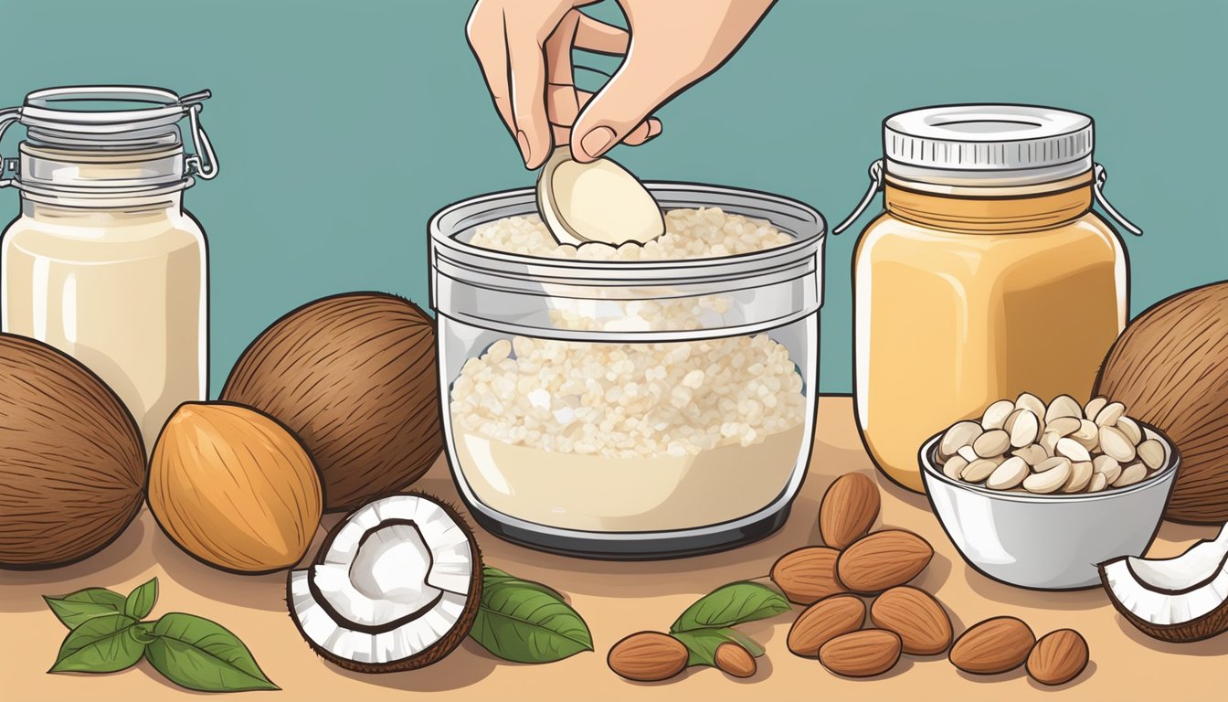 A hand holding a jar of coconut butter next to a variety of ingredients like almonds, cashews, and macadamia nuts. A food processor is blending the nuts into a smooth paste