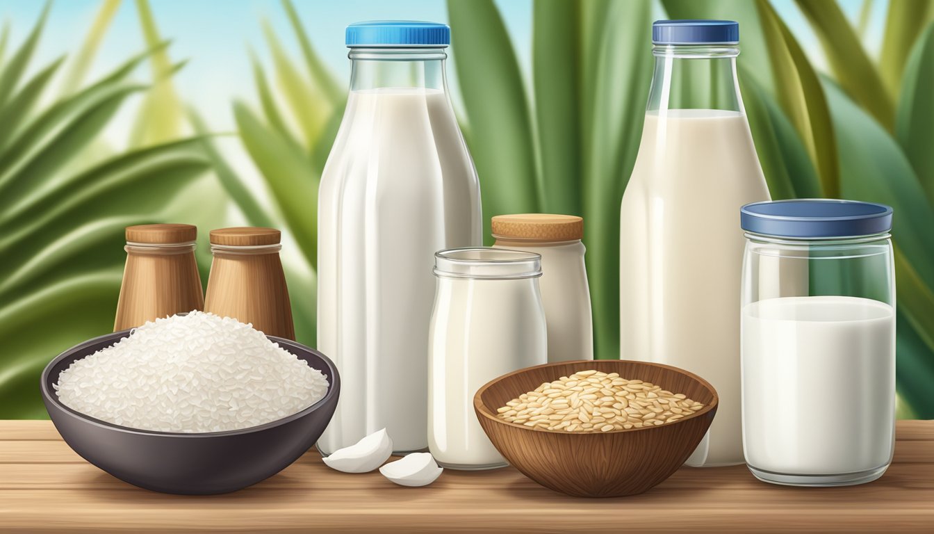 A variety of dairy and non-dairy substitutes for coconut milk arranged on a wooden table, including almond milk, soy milk, and oat milk in glass bottles and cartons