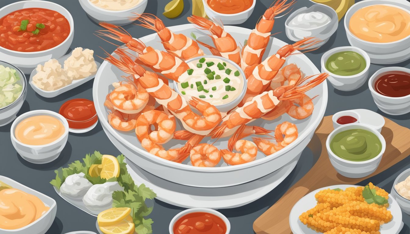 A bowl of shrimp cocktail surrounded by small dishes of alternative sauces such as tartar sauce, ketchup, and horseradish