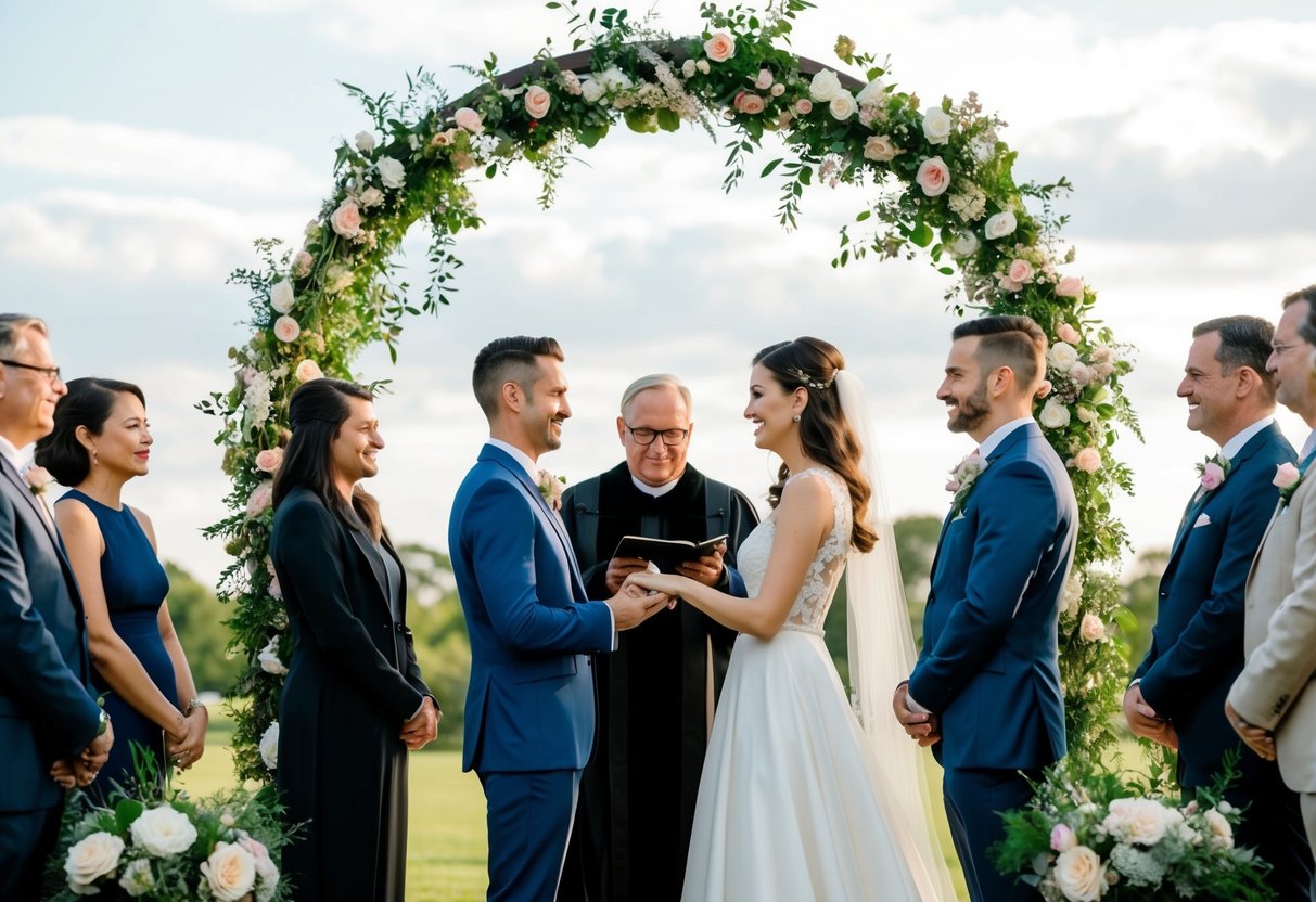 A couple stands beneath an archway adorned with flowers, surrounded by friends and family. An officiant leads a non-religious wedding ceremony, with the couple exchanging vows and rings