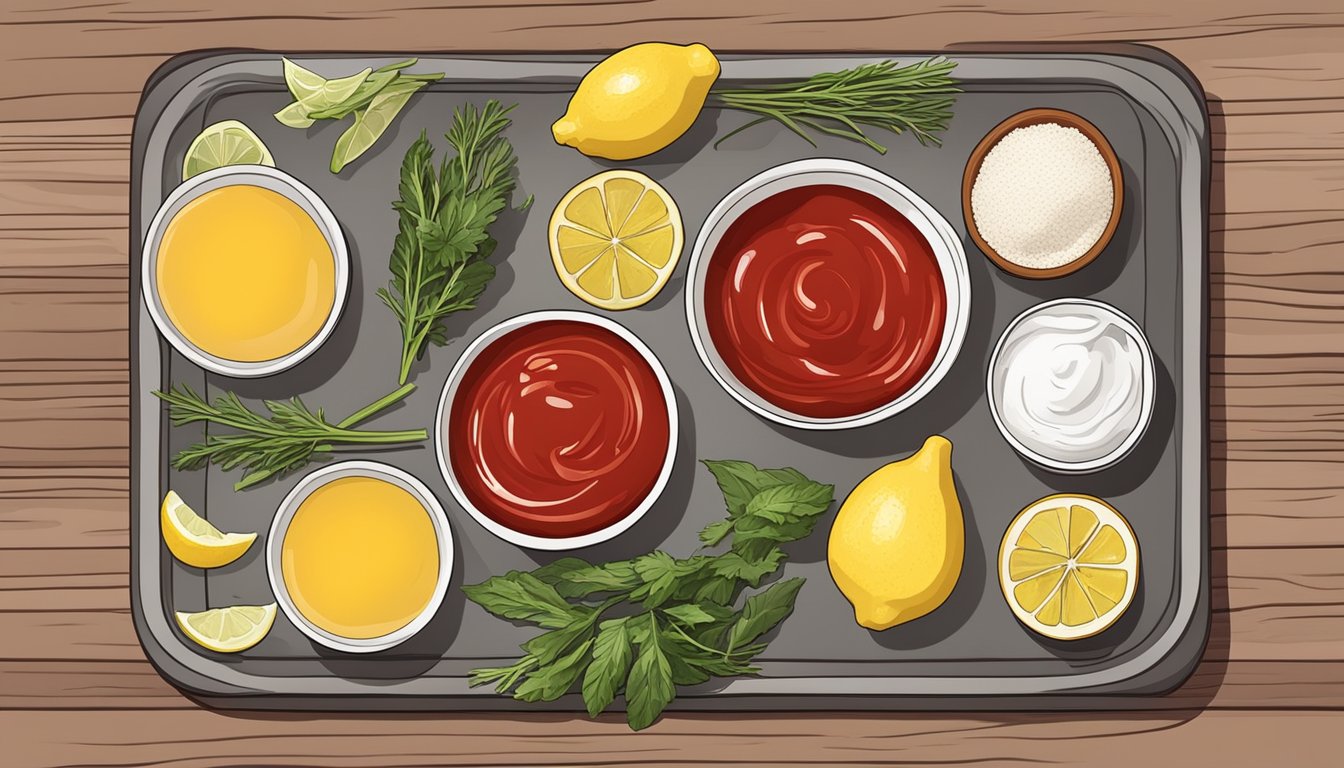 A table set with various ingredients such as ketchup, horseradish, lemon, and spices, with a bowl of homemade cocktail sauce and alternative substitutes