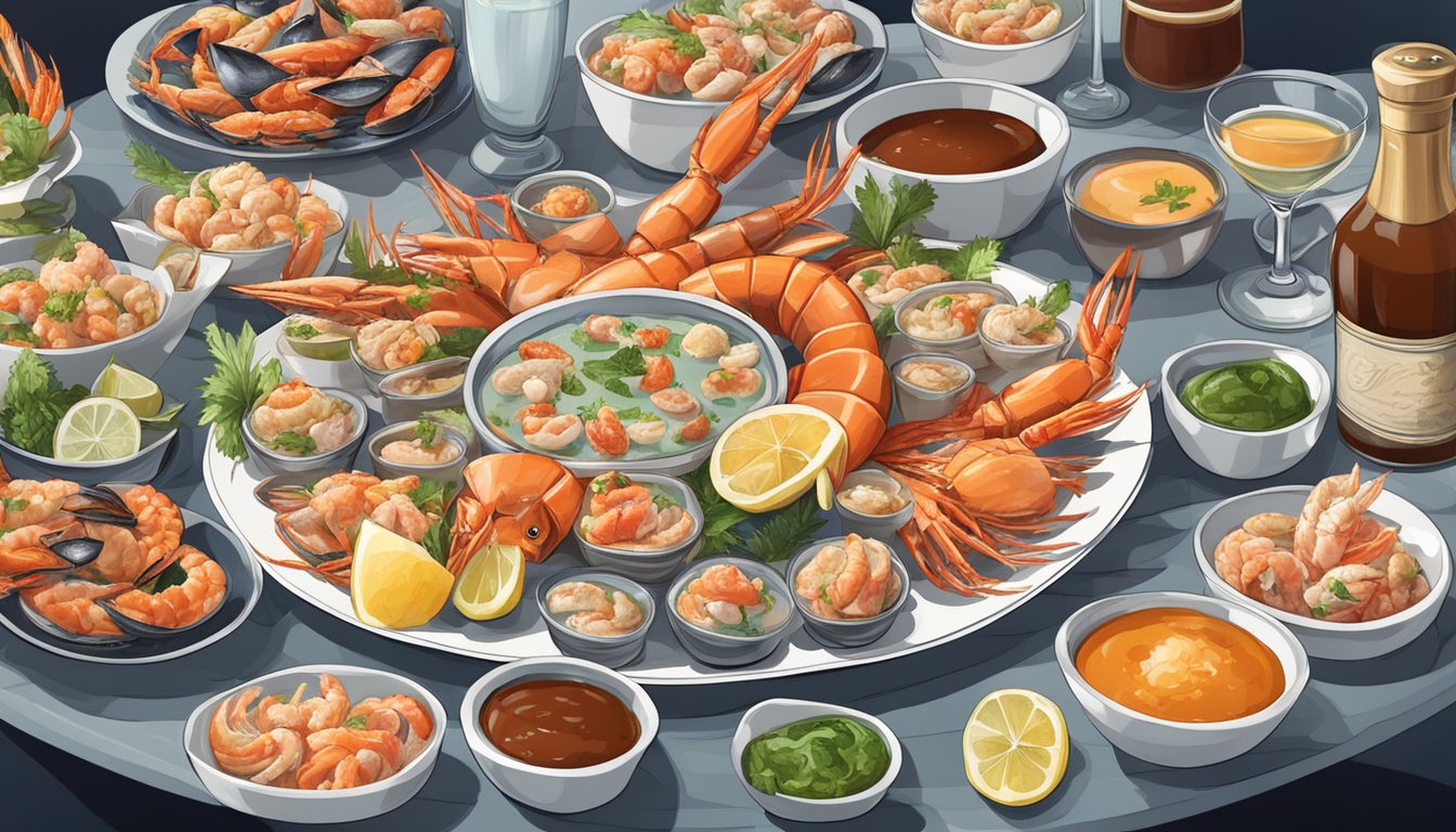 A platter of assorted seafood dishes surrounded by small bowls of alternative cocktail sauces