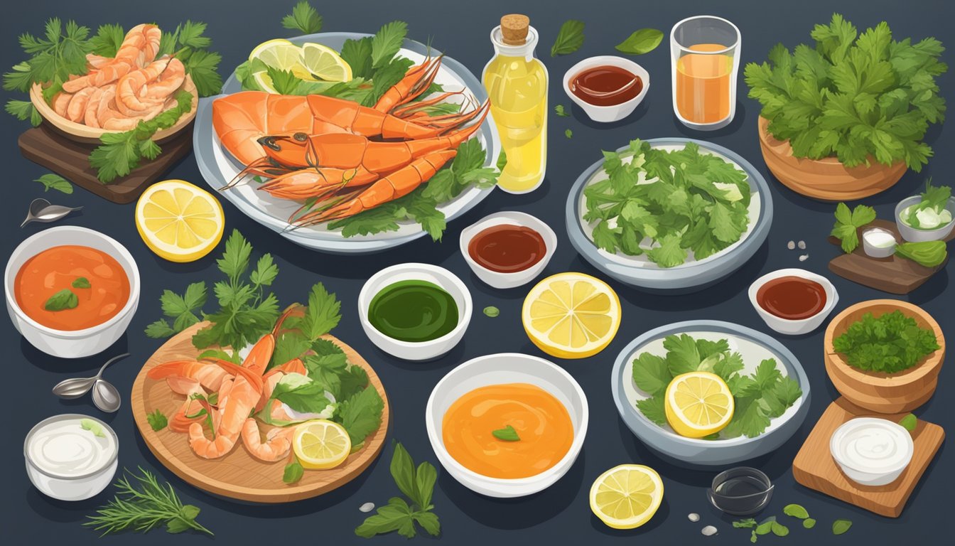 A table set with various seafood dishes and alternative sauces, including a bowl of homemade cocktail sauce substitute, surrounded by fresh herbs and lemon slices