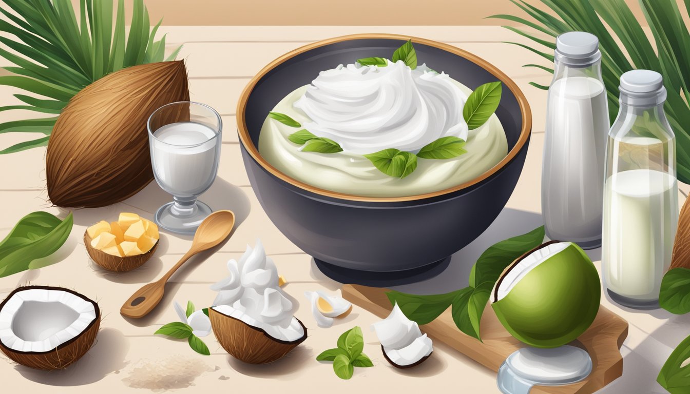 A bowl of coconut cream with various substitute ingredients surrounding it on a kitchen countertop