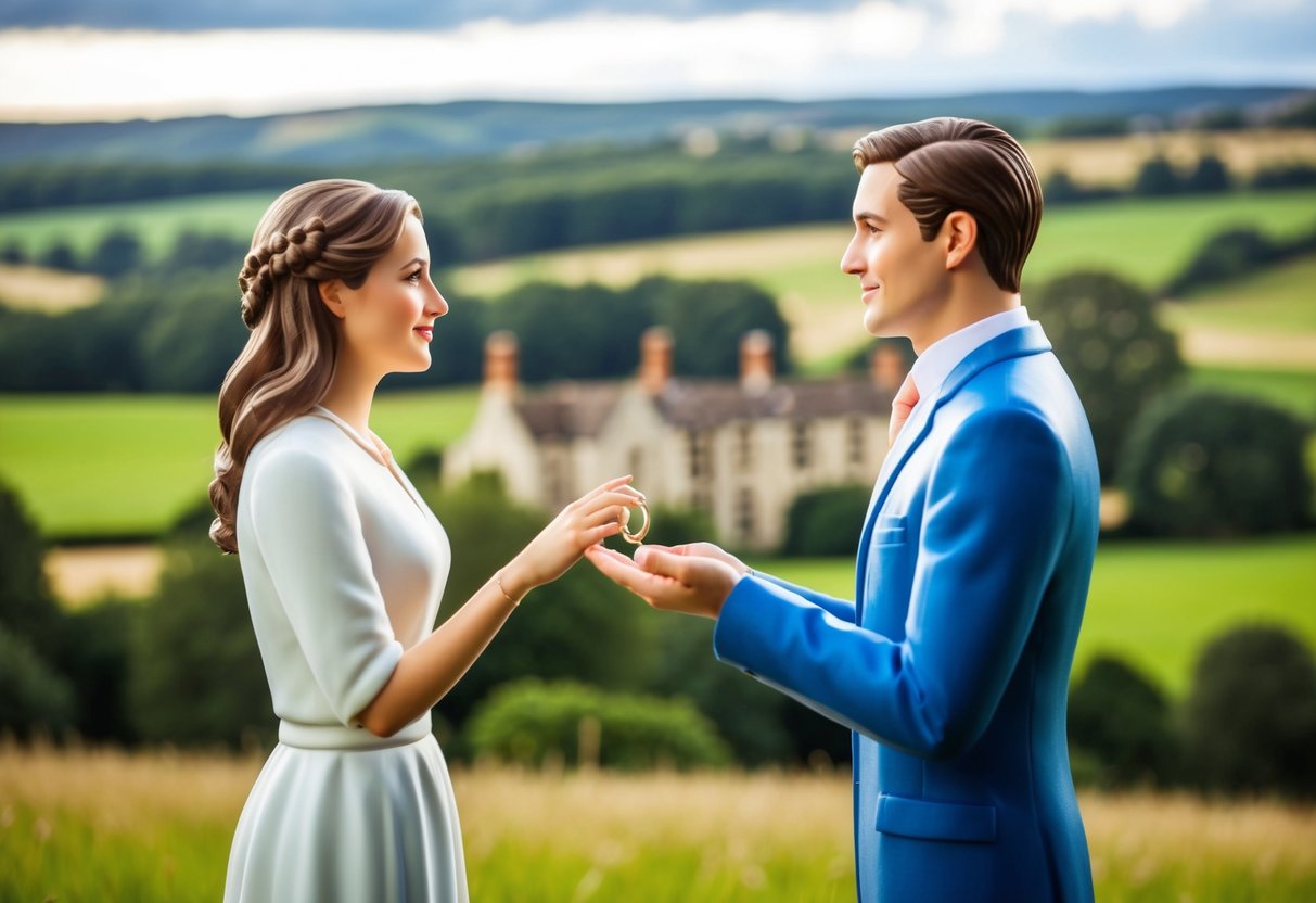 Two figures standing in front of a picturesque English countryside backdrop, one figure holding out a ring to the other with a hopeful expression