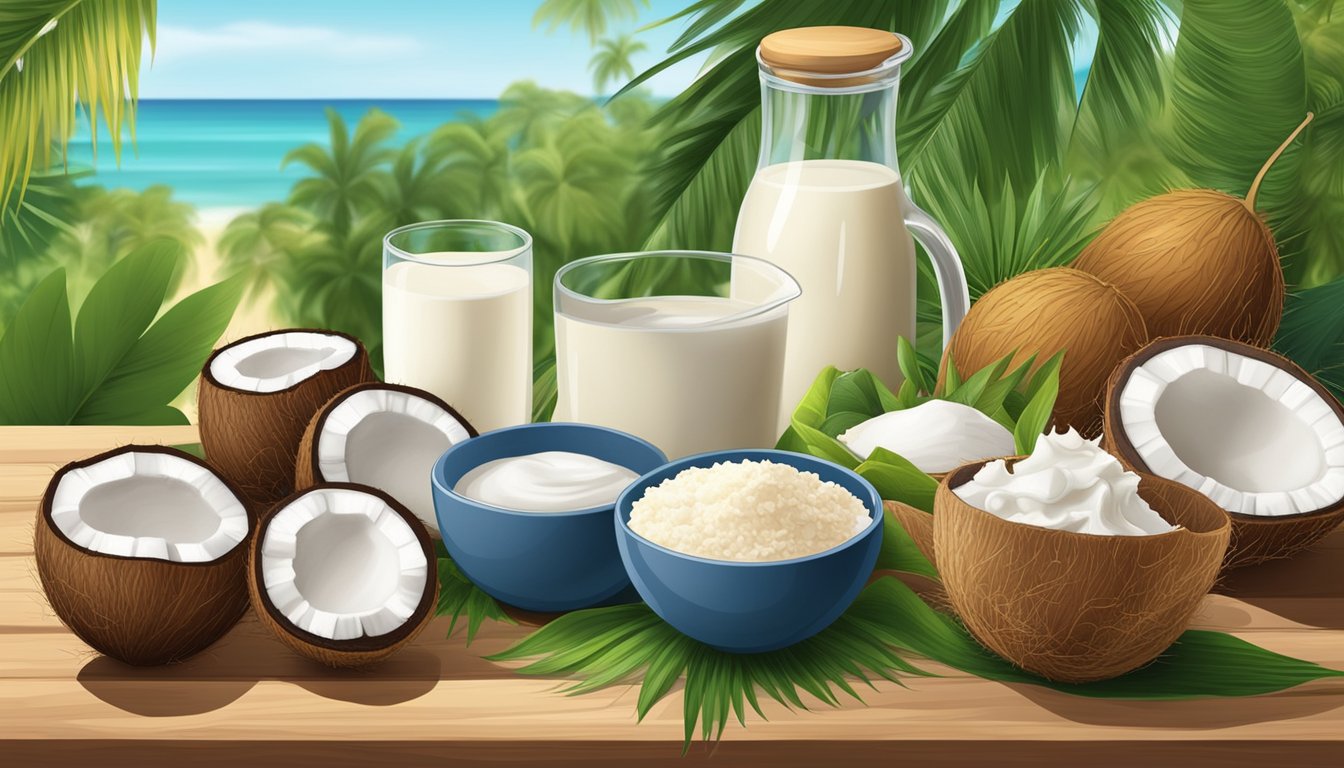 A variety of dairy-based substitutes for coconut cream arranged on a wooden table with a backdrop of fresh coconuts and tropical foliage