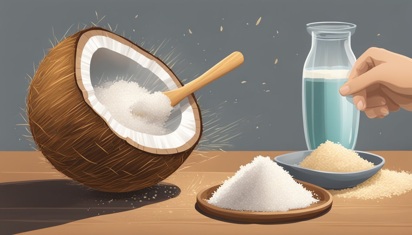 A coconut being grated into a bowl, with a muslin cloth and a separate bowl for squeezing out the coconut milk