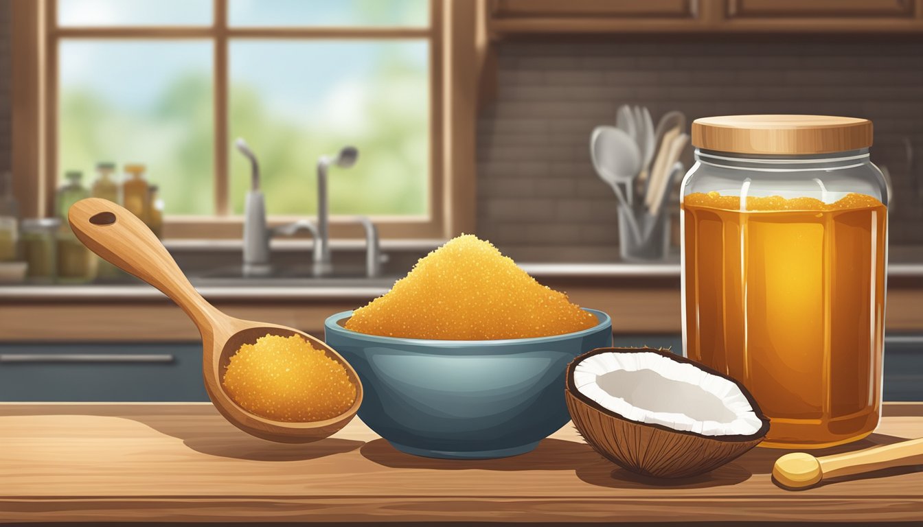 A wooden spoon scoops coconut sugar, next to jars of honey and maple syrup, on a rustic kitchen counter