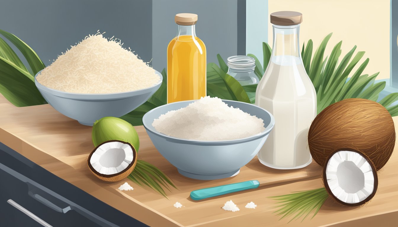 A kitchen counter with various coconut substitutes: coconut milk, coconut oil, coconut flour, and shredded coconut