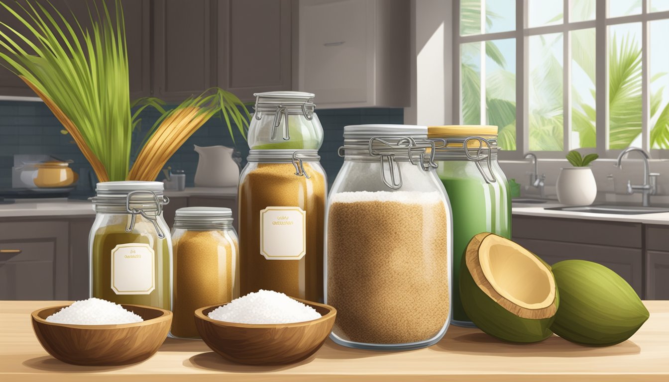 A kitchen countertop with various coconut sugar substitutes in decorative jars and bags, surrounded by fresh coconuts and sugarcane