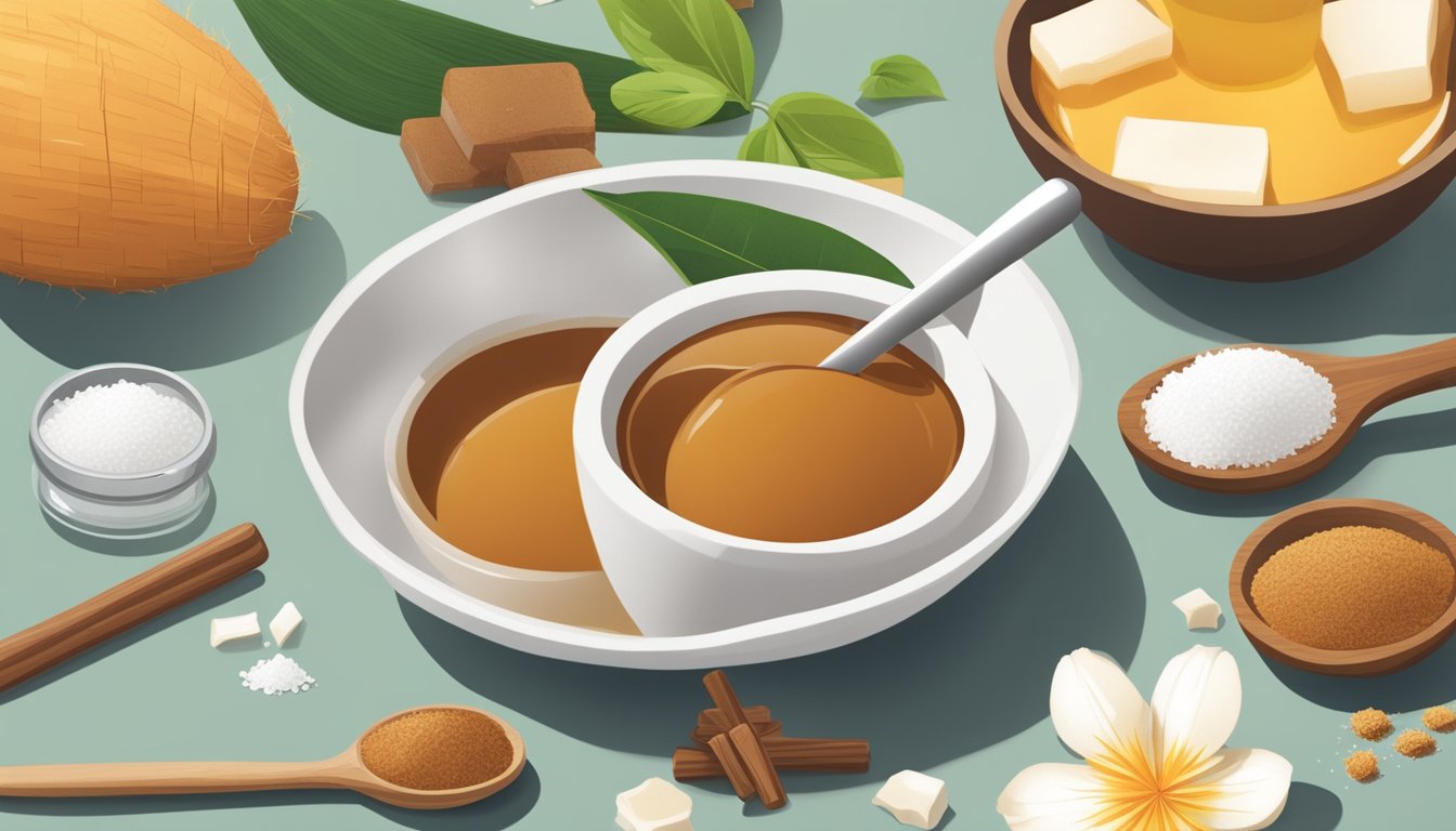 A bowl of coconut sugar next to alternative sweeteners like honey, maple syrup, and stevia. Ingredients and measuring spoons are scattered on a kitchen counter