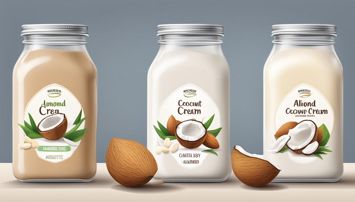 A table with various coconut cream substitutes, including almond milk, cashew cream, and soy milk, arranged in clear containers with labels