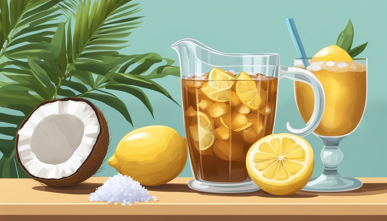 A glass of iced tea with a pitcher of artificial sweetener next to a bowl of coconut sugar, surrounded by fresh lemons and coconuts