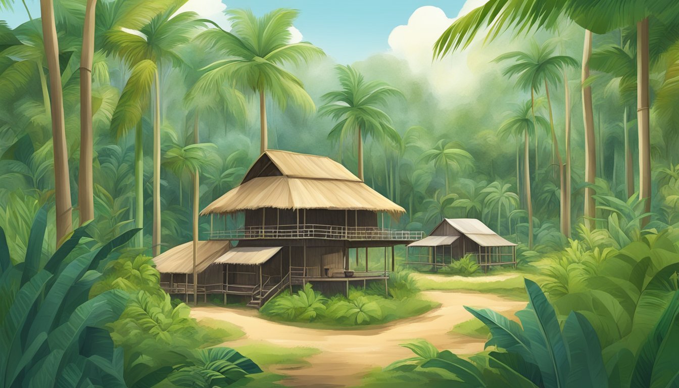 A serene tropical forest with coconut trees and a small-scale sustainable sugar production facility