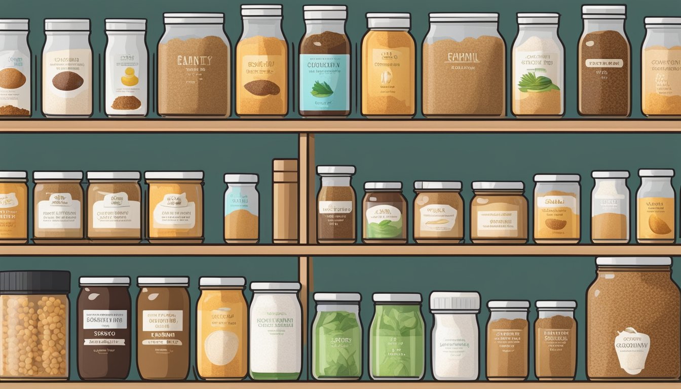 A pantry shelf with jars of coconut sugar substitutes and various other dry goods