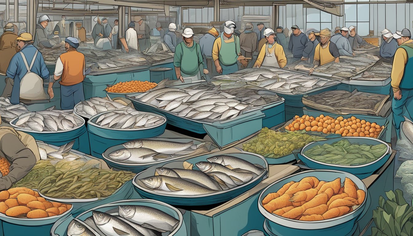 A bustling fish market with a variety of fish on display, including haddock, pollock, and hake, as alternatives to cod