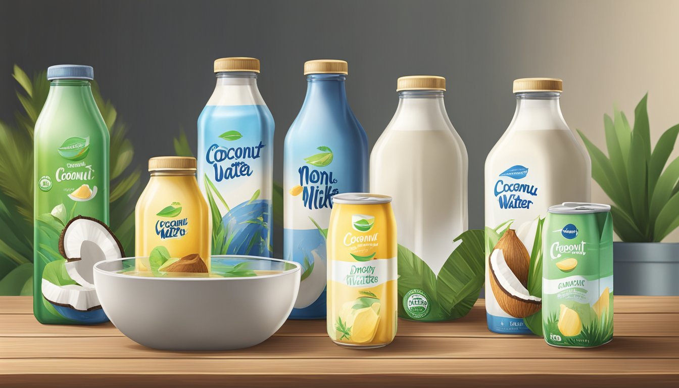 A variety of non-dairy milk alternatives, including coconut water, displayed in glass bottles and cartons on a wooden table