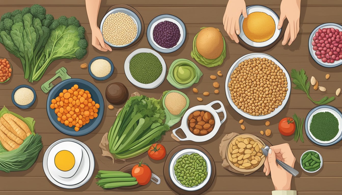 A person comparing different types of food items for substitution, such as vegetables, grains, and legumes, laid out on a table