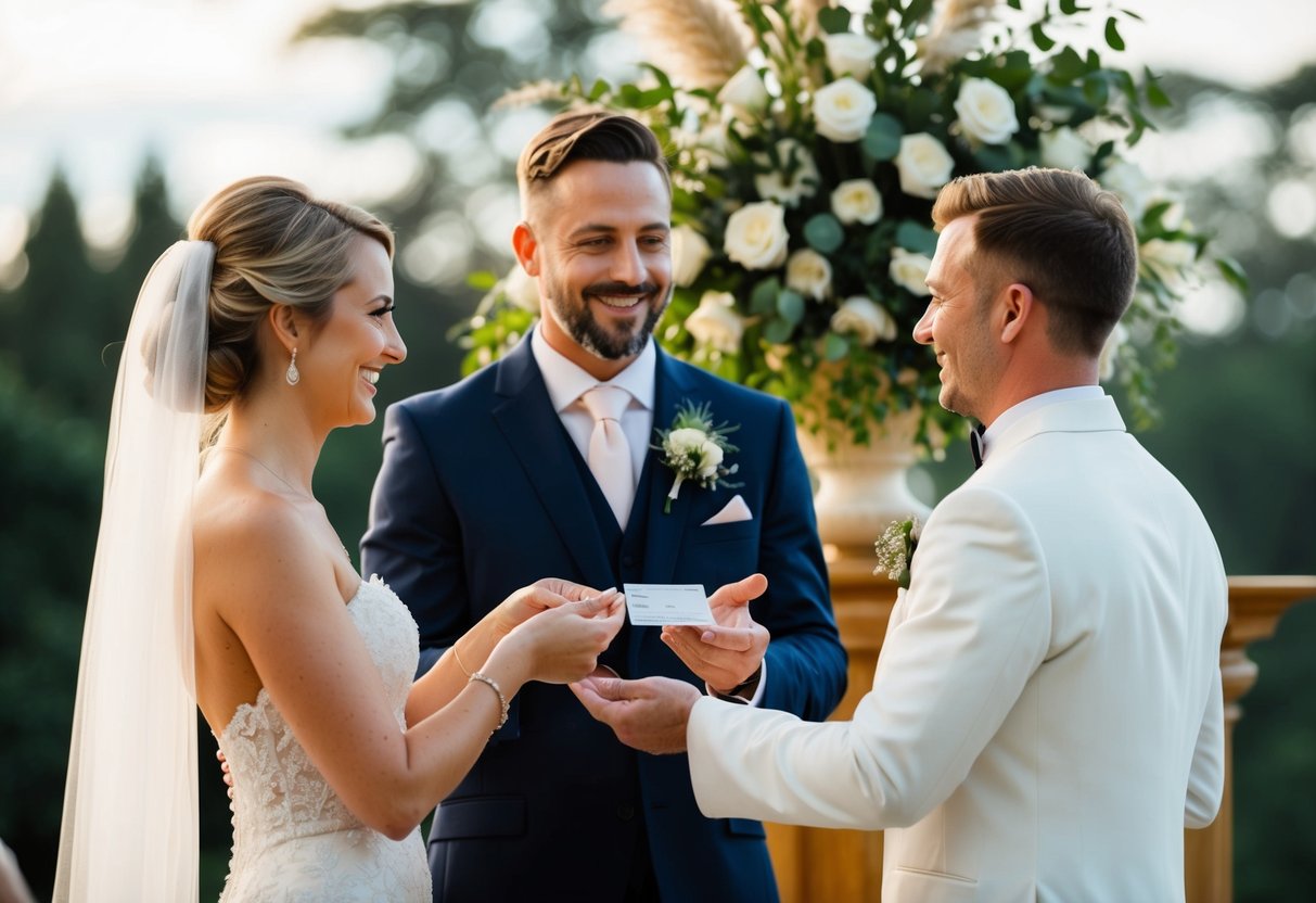 A wedding celebrant receiving payment from a couple, standing at an altar or in a ceremony setting