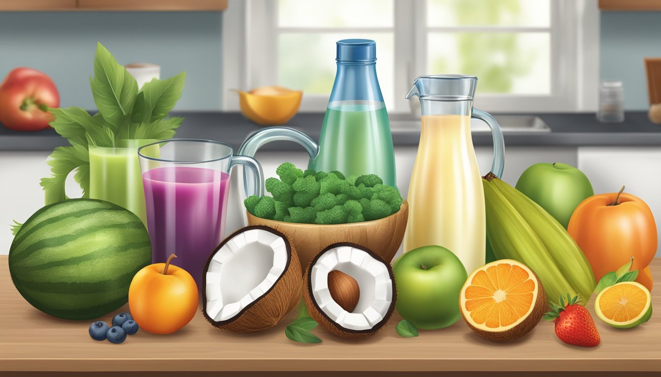 A kitchen counter with various fruits and vegetables, a pitcher of coconut water, and alternative liquids like almond milk and fruit juice