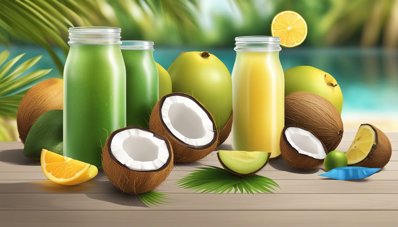 A variety of coconut water substitutes displayed on a table with fresh coconuts and different fruits in the background