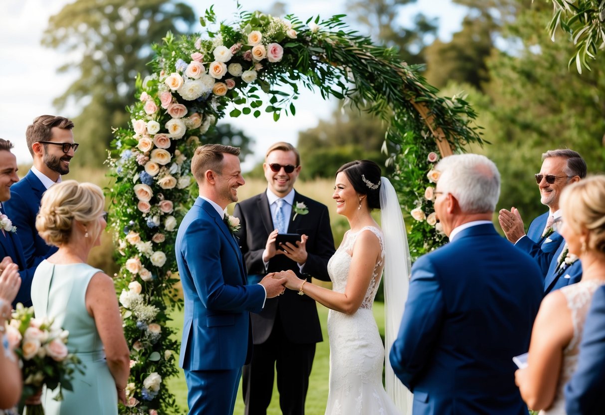 A celebrant wedding: a couple stands beneath a floral arch, exchanging vows as guests look on, smiling and clapping
