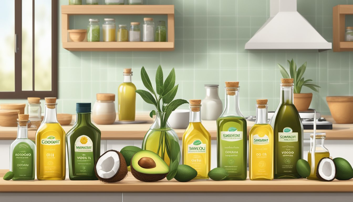 A variety of plant-based oils and vegan alternatives arranged on a kitchen counter. Coconut oil, olive oil, avocado oil, and sunflower oil are displayed in glass bottles and jars