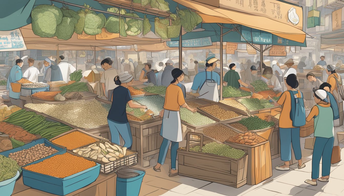 A bustling market stall displays a variety of fish substitutes, including tofu, tempeh, and plant-based seafood products. Customers browse the selection, while a vendor arranges the products