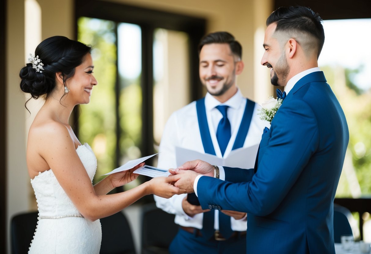A wedding celebrant receiving payment from a couple, with a contract and legal documents in the background