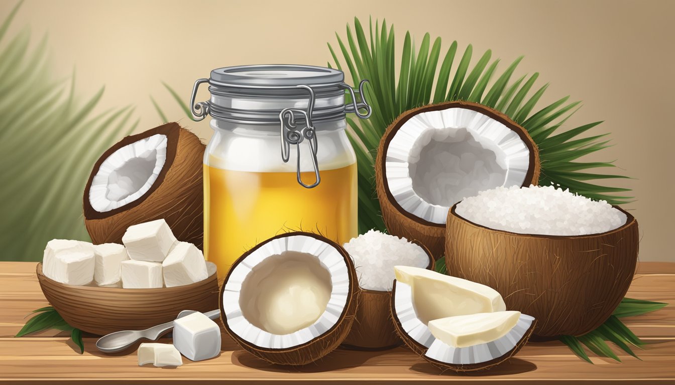 A variety of animal-based products surround a jar of coconut oil, including tallow, lard, and butter, arranged on a rustic wooden table