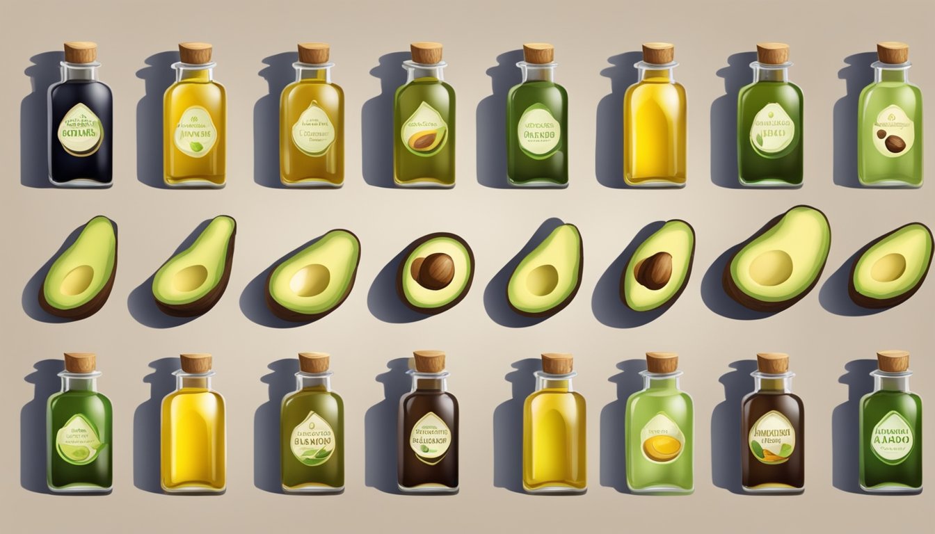 A variety of non-traditional and specialty oils, such as avocado, almond, and grapeseed, arranged in glass bottles on a wooden table