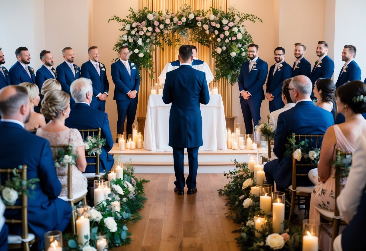 A celebrant stands at an altar, surrounded by flowers and candles. Guests sit in rows, witnessing the exchange of vows and rings