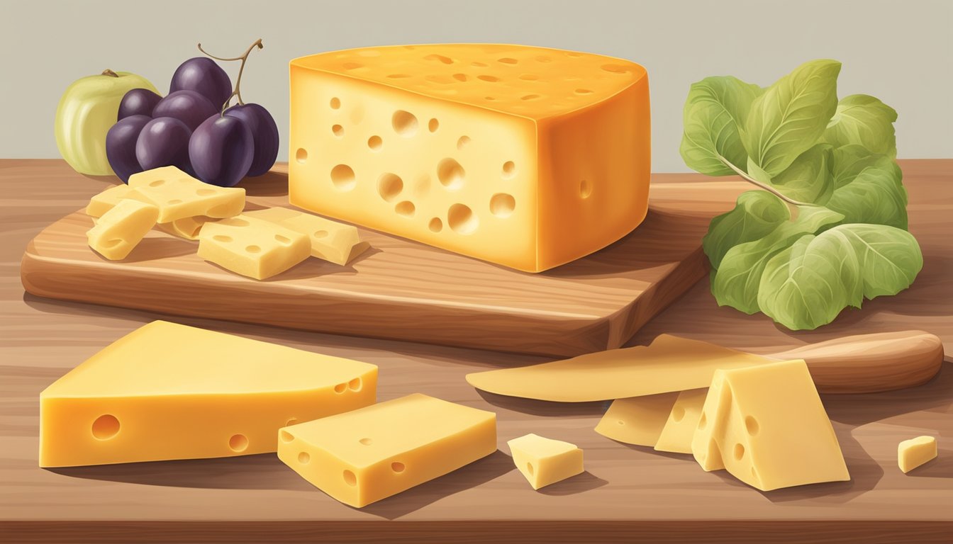 A block of Colby cheese next to various substitute options such as cheddar, jack, and mozzarella on a wooden cutting board