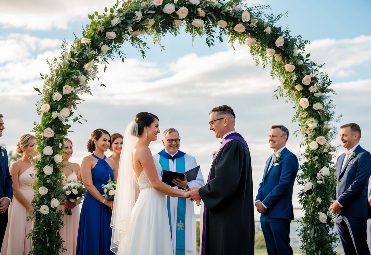 A celebrant officiates a wedding ceremony, standing beneath a decorated archway with the couple and guests gathered around