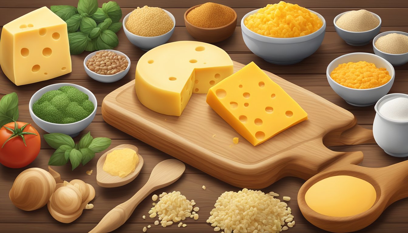 A colorful array of colby cheese substitutes arranged on a wooden cutting board, surrounded by various cooking and baking ingredients