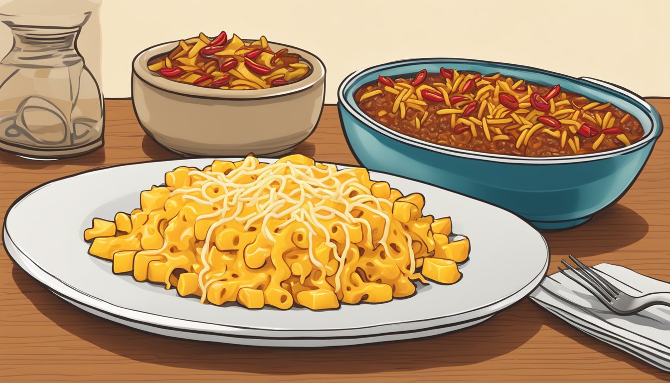 A plate of macaroni and cheese with melted colby cheese and a bowl of chili with shredded colby cheese on top