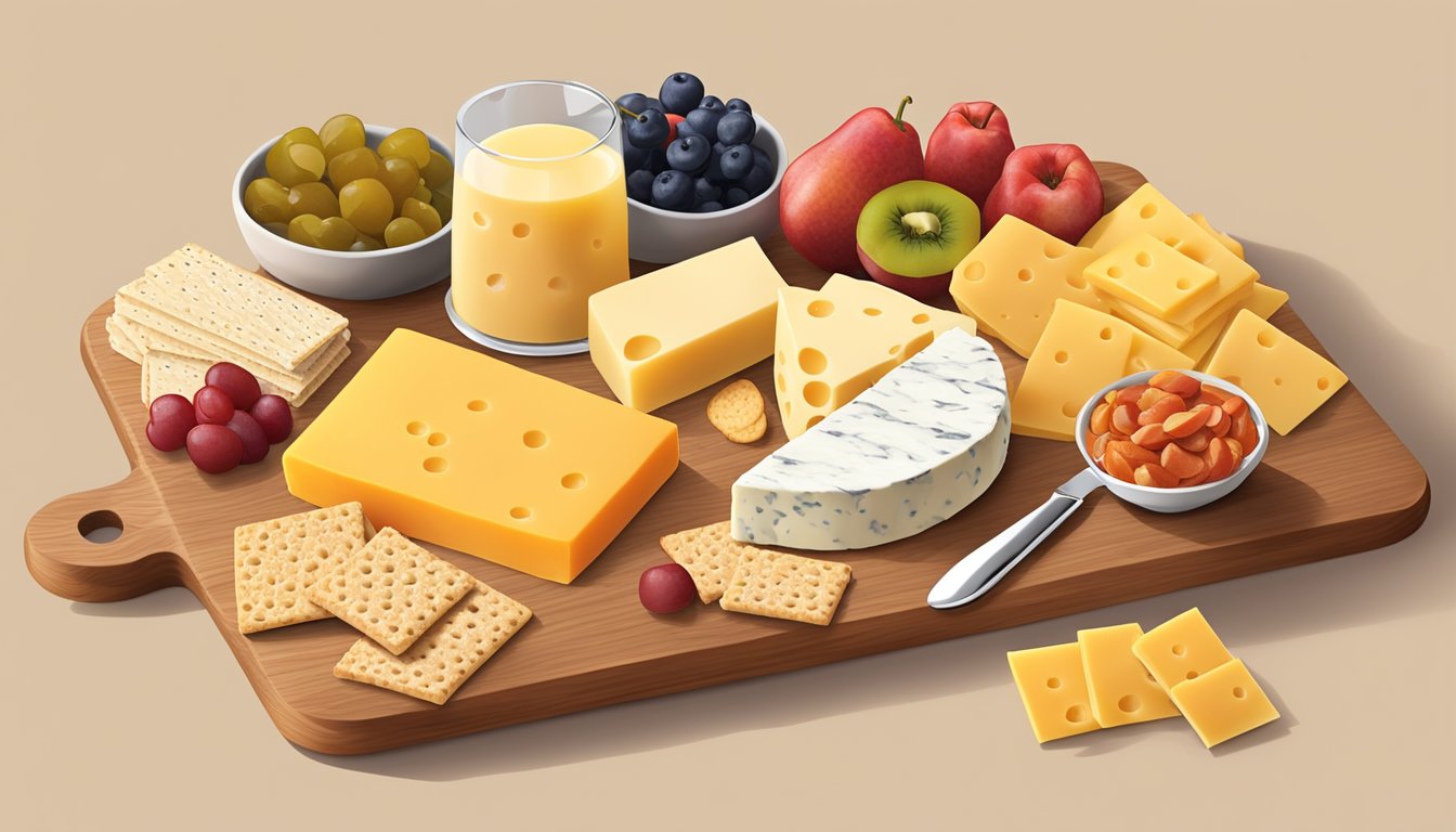 A charcuterie board featuring various cheese alternatives to colby jack, such as gouda, cheddar, and pepper jack, arranged with crackers and fruit