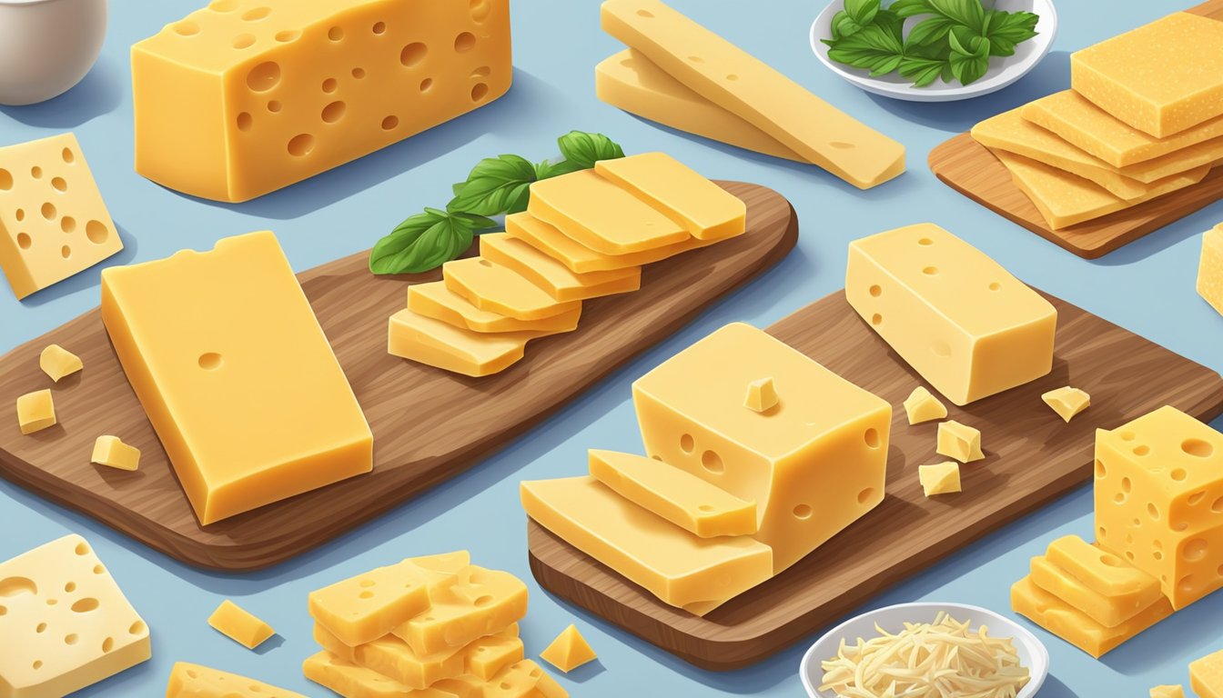 A variety of non-dairy colby cheese substitutes arranged on a wooden cutting board with slices, blocks, and shreds