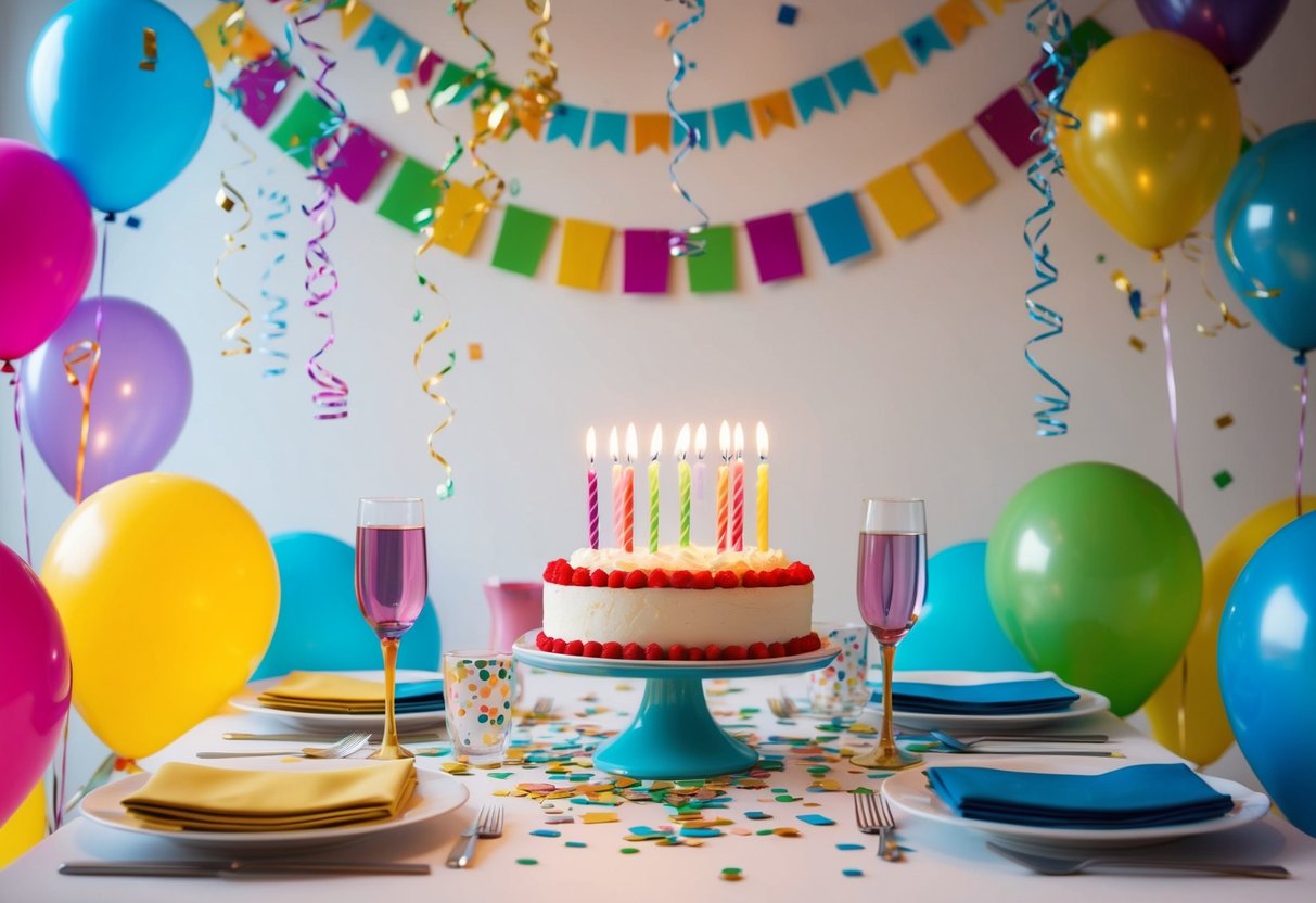 A festive table set with colorful decorations, balloons, and a cake with lit candles. Confetti and streamers scattered around the room