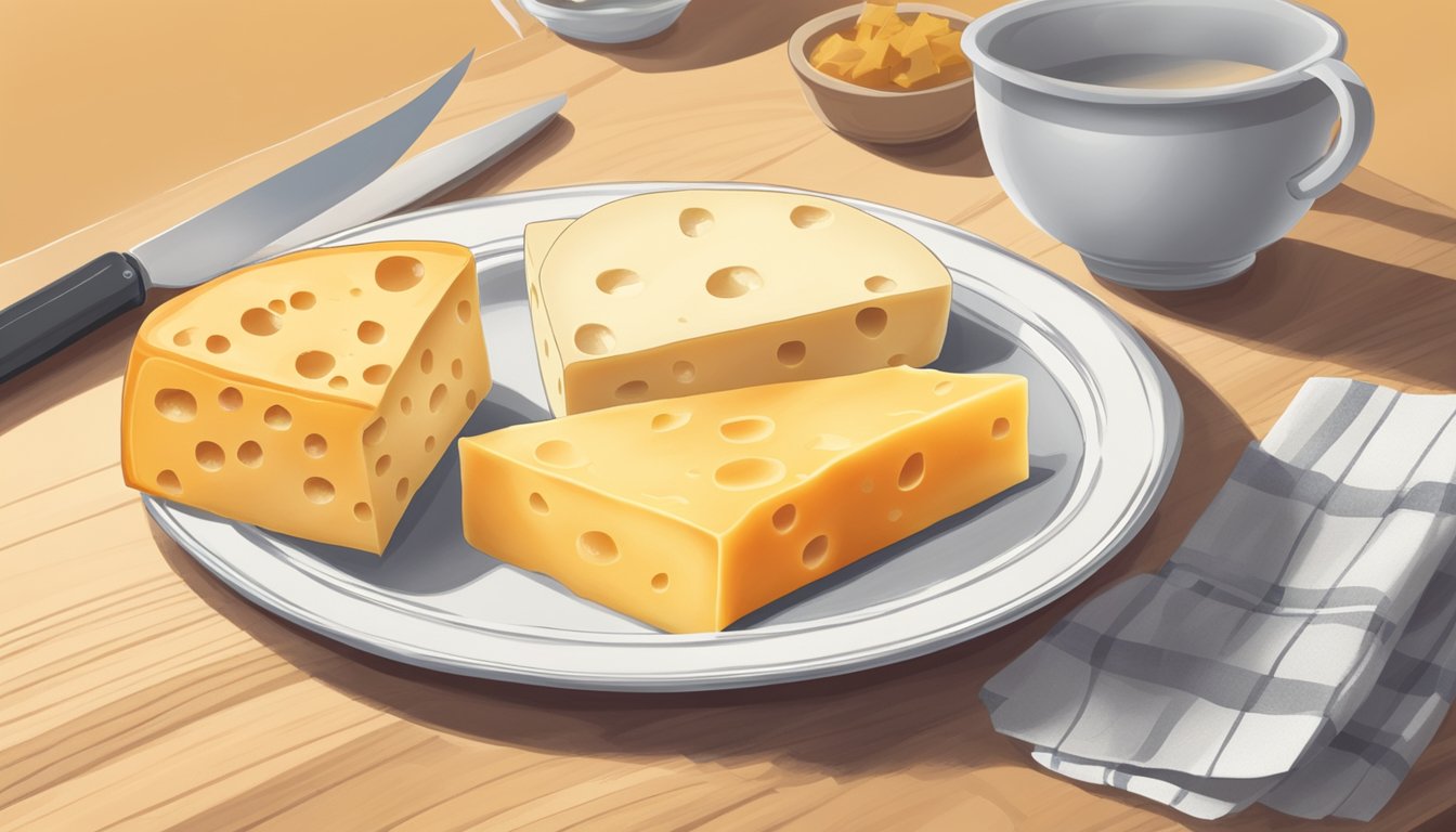 A plate with various cheese substitute options next to a block of colby jack cheese